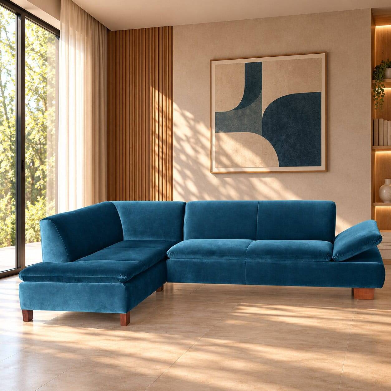Sofaecke in Petrol Blau mit Nussbaum Braun - Nuoro