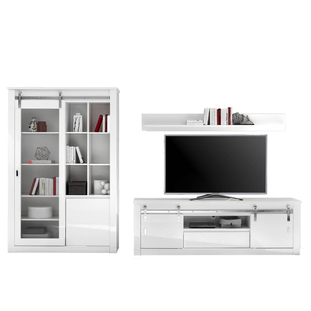 Gesamtes dreiteiliges weißes Wohnwand Set mit Vitrine, TV-Lowboard und Wandregal für das Wohnzimmer – Memphys
