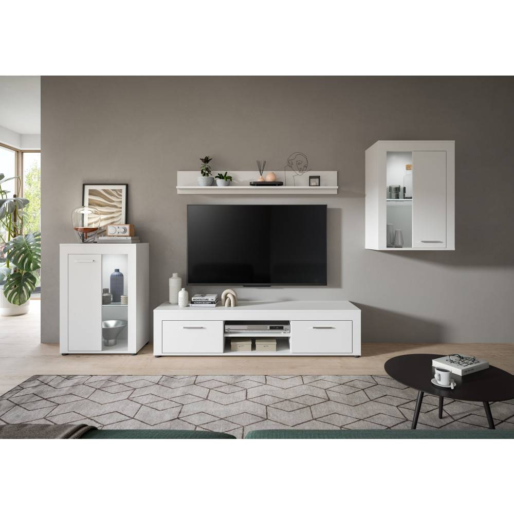 Modernes weißes Wohnzimmer Möbel Set mit TV Bank, Hängeregal und zwei Schränken – Furoro