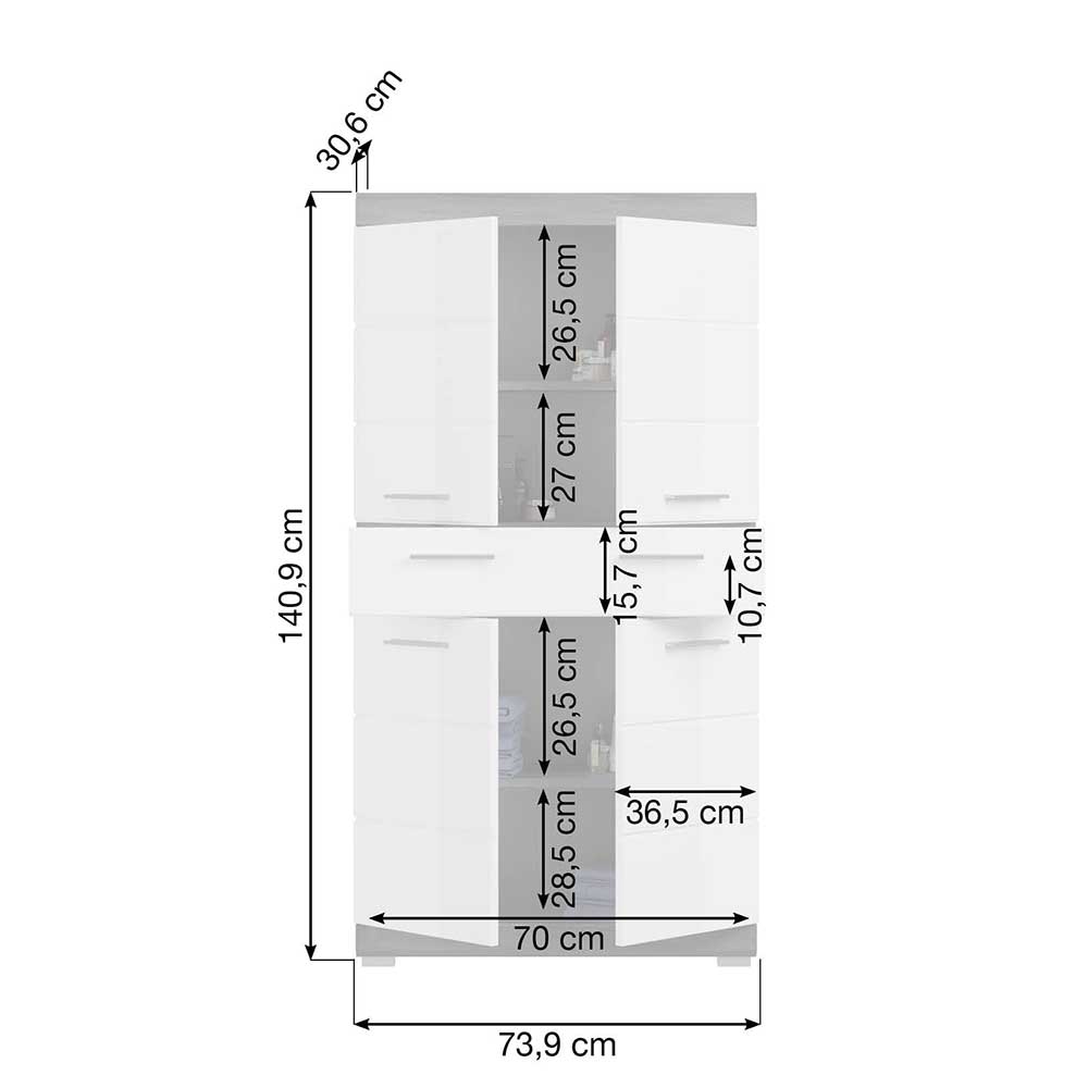 74x141x31 Badezimmer Highboard mit 4 Türen & Schublade - Nancys