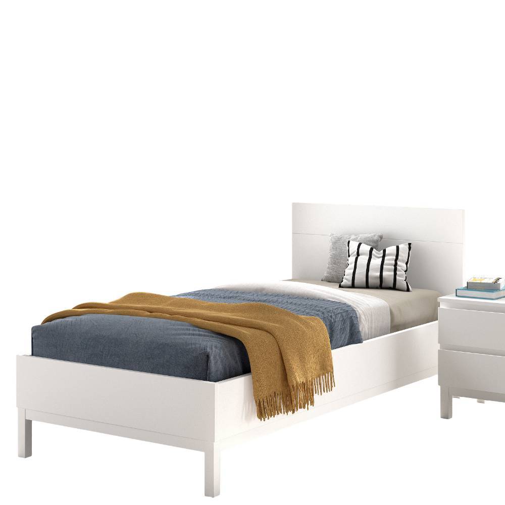 Weißes Jugendbett mit schlichtem Kopfteil und bequemer Bettwäsche – Crocinol