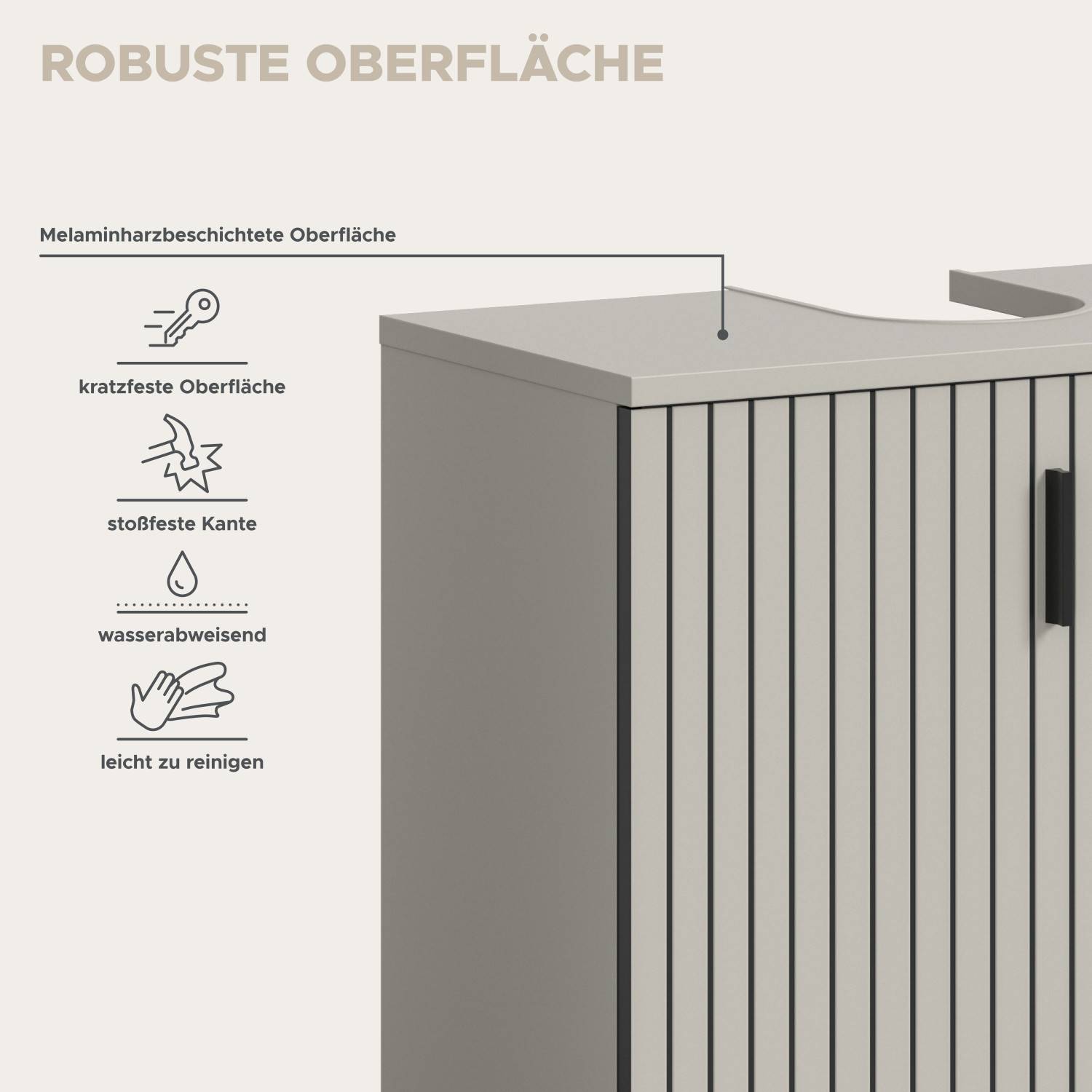 Robuste Oberfläche des Waschtischunterschranks kratzfest, stoßfest und wasserabweisend – Loktos