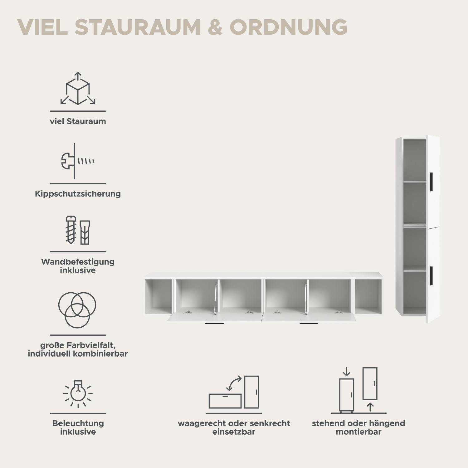Vielseitige Wohnwand mit Stauraum, Kippschutz und flexiblen Montageoptionen – Actionsa