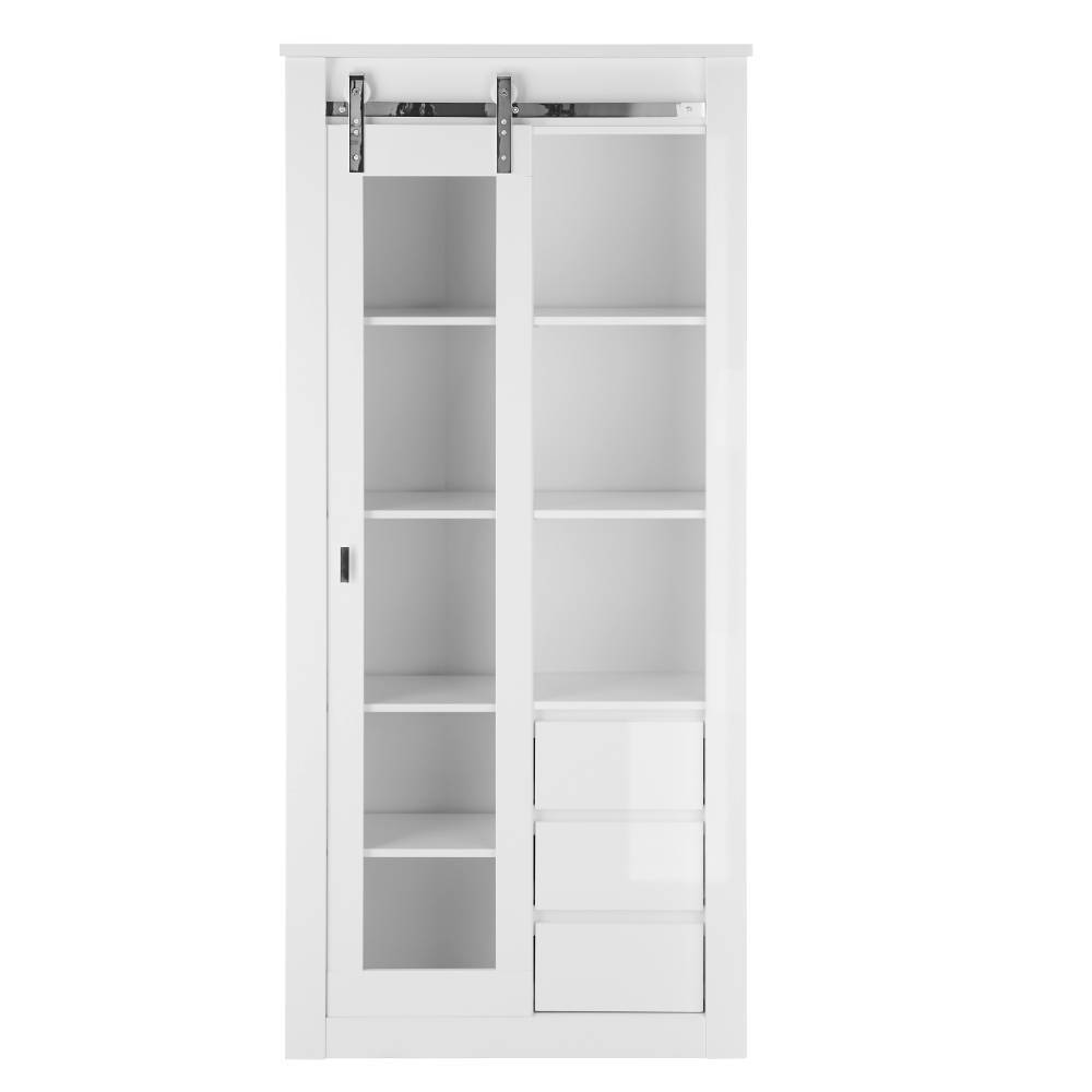 Weiße Designvitrine mit einer Glasschiebetür und drei Schubladen für Wohnzimmer – Memphys