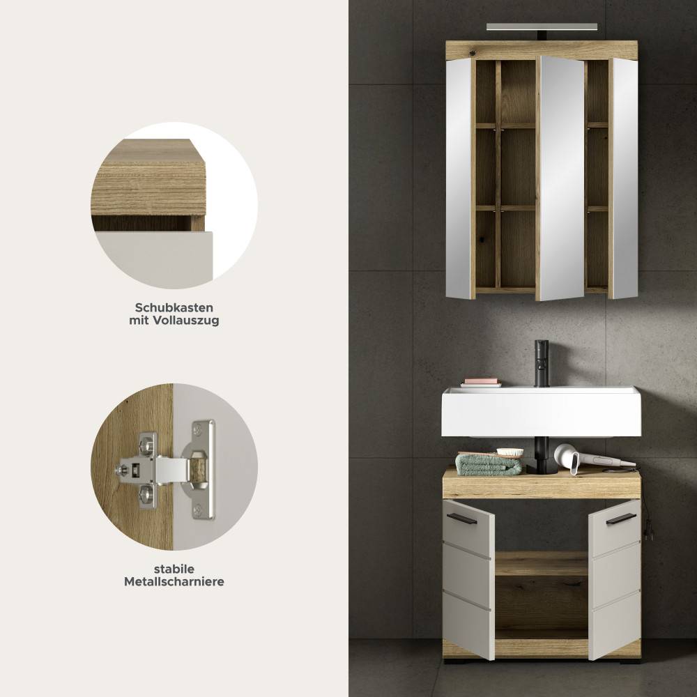 Badschrank mit Schubkästen mit Vollauszug und stabilen Metallscharnieren am Spiegelschrank und Waschtischunterschrank – Casserra