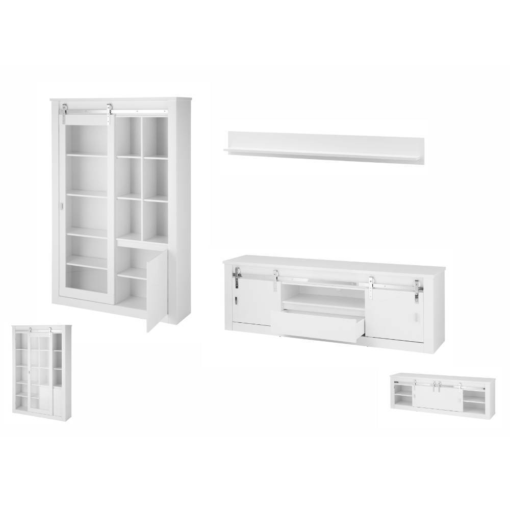 Einzelansichten der weißen Design-Wohnzimmer-Wohnwand Set Komponenten auf weißem Grund – Memphys