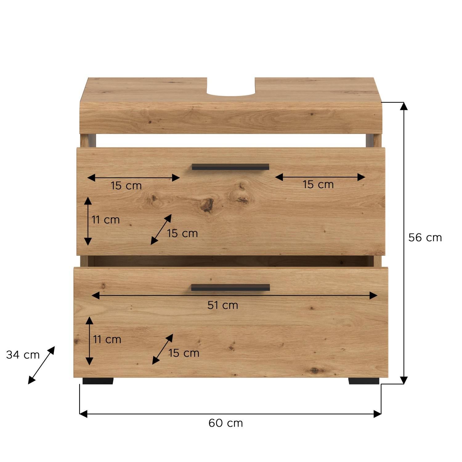 Waschtischunterbau in Artisan Optik Maße und Abmessungen der Schubladen und Gesamtgröße – Lasewood