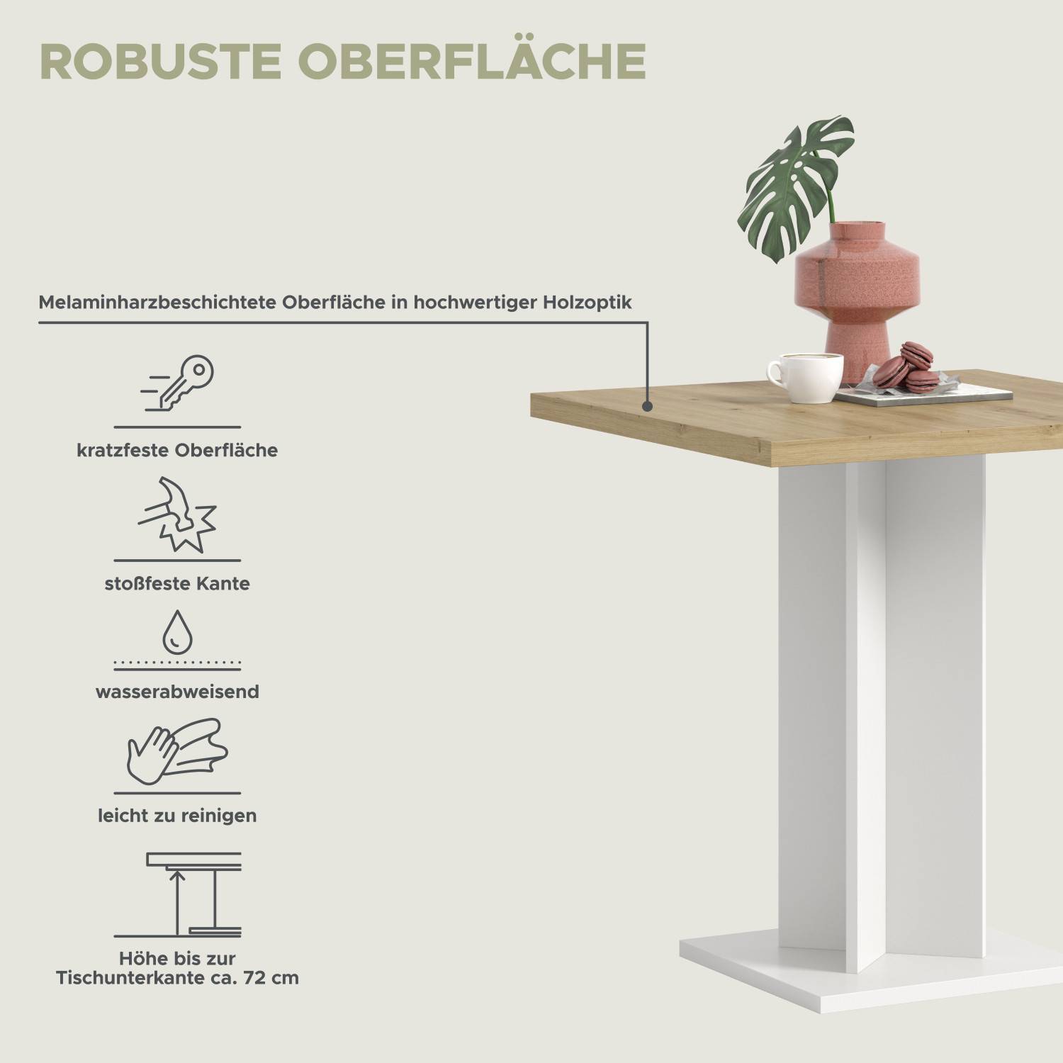 Robuste, melaminharzbeschichtete Tischplatte in Holzoptik – kratzfest, wasserabweisend und leicht zu reinigen – Korres
