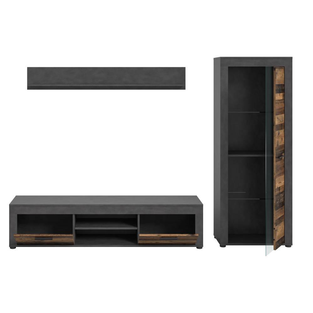 Fernsehwand dreiteilig mit Lowboard, Hängeregal und Vitrine in Matera und Old Wood – Istrewy