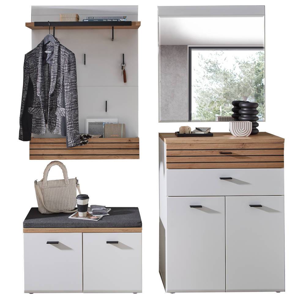 Komplettes vierteiliges Dielenmöbel Set mit Garderobe, Schuhschrank, Sitzbank und Spiegel in Weiß – Niam