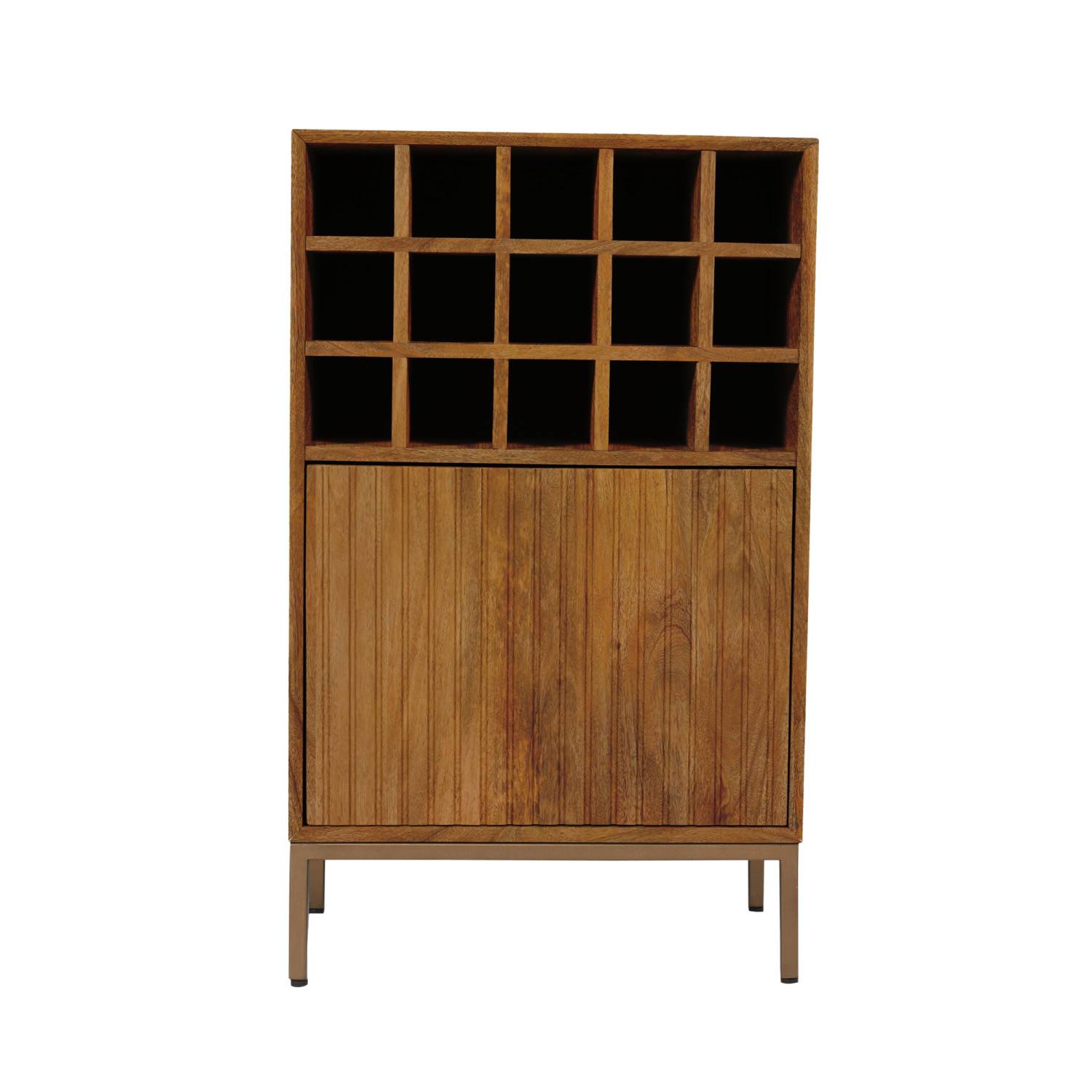 Hoher Holzschrank mit integriertem Weinregal und gerillter Schranktür auf Metallbeinen – Kojas