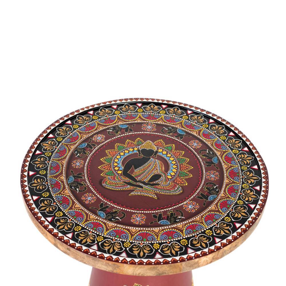 Runder Beistelltisch mit zentralem Buddha Motiv und detailliertem Mandala Design – Luoton