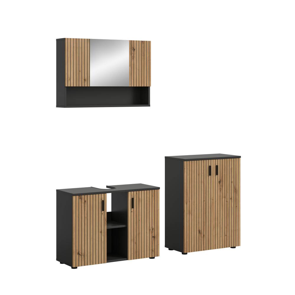 Dreiteilige Badmöbel mit Spiegelschrank, Waschbeckenunterschrank und Hochschrank in Holzoptik – Janny