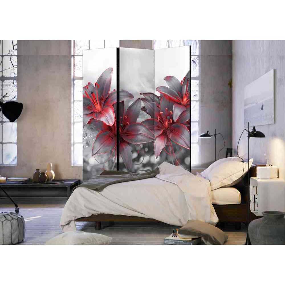 Lilien Motiv Paravent in Grau mit Rot - Luatmos