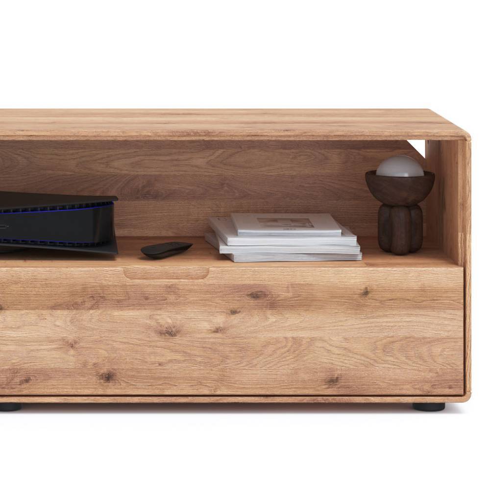 Rechte Seite des TV Boards aus Wildeiche mit offenem Fach und Schubkasten – Holiday