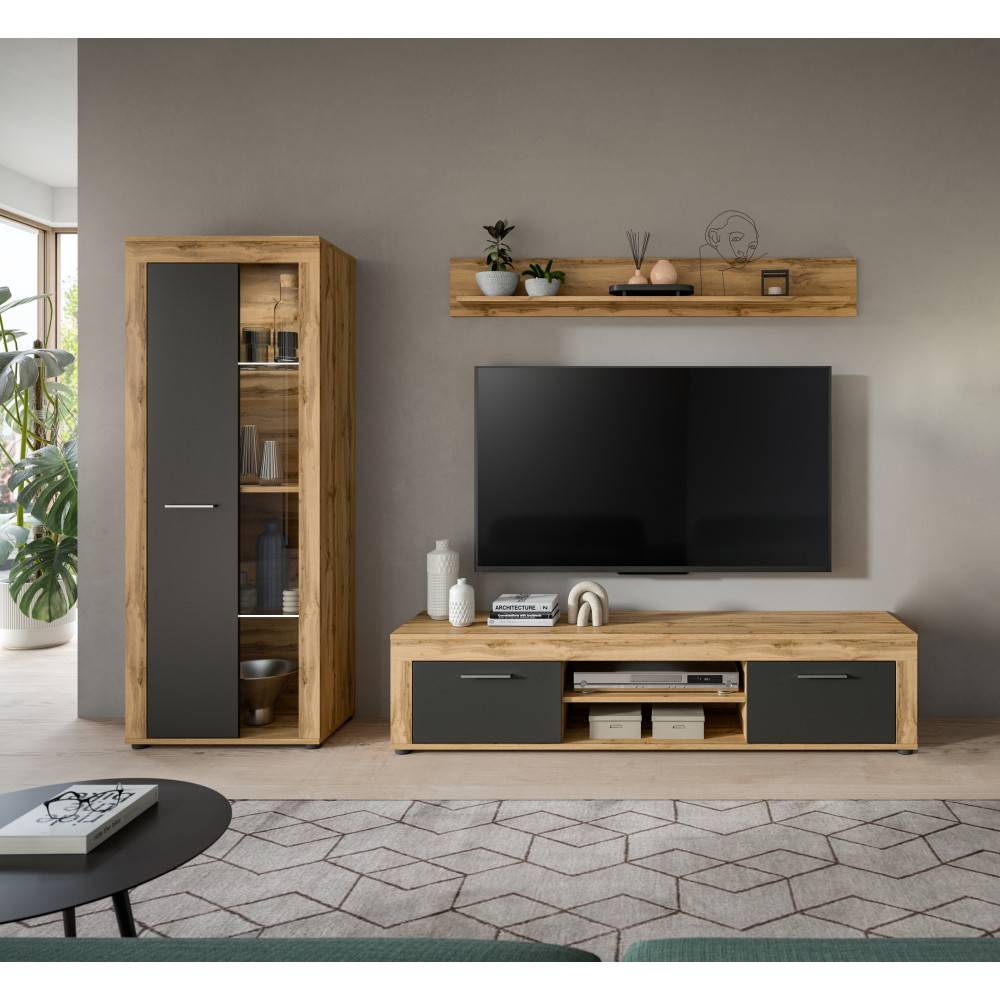 Stilvolle Wohnwand Kombination mit TV-Lowboard, Wandregal und Vitrinenschrank in Eiche und Anthrazit – Josie