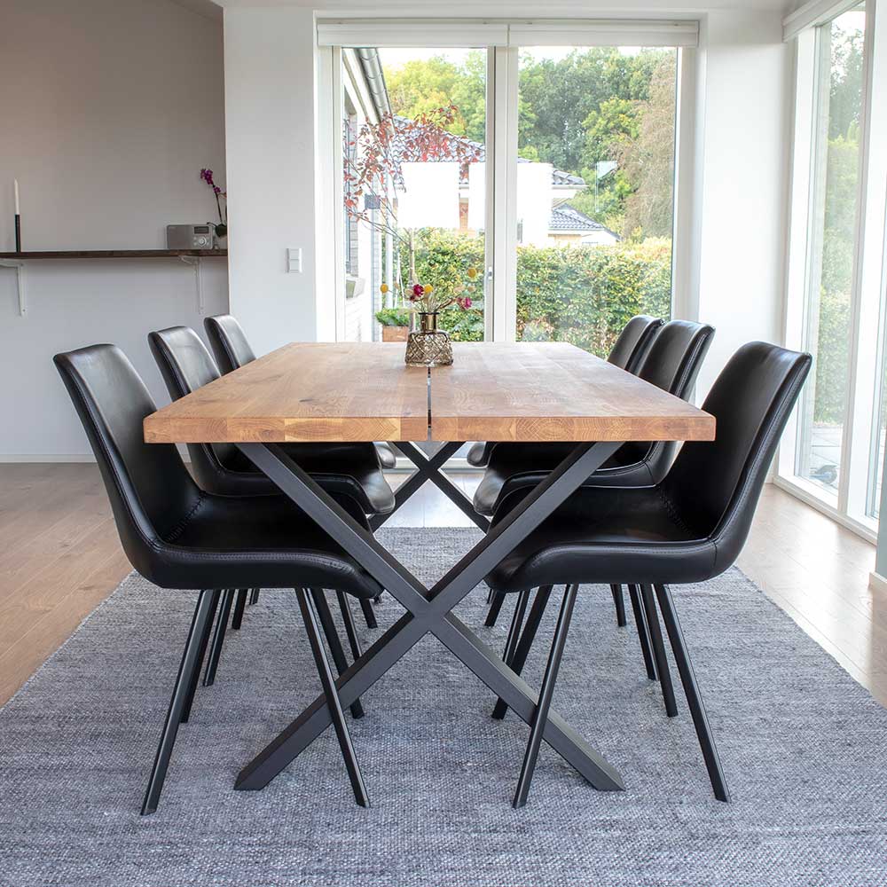 Eiche Esstisch mit Kunstleder Stühlen - Morvon (siebenteilig)