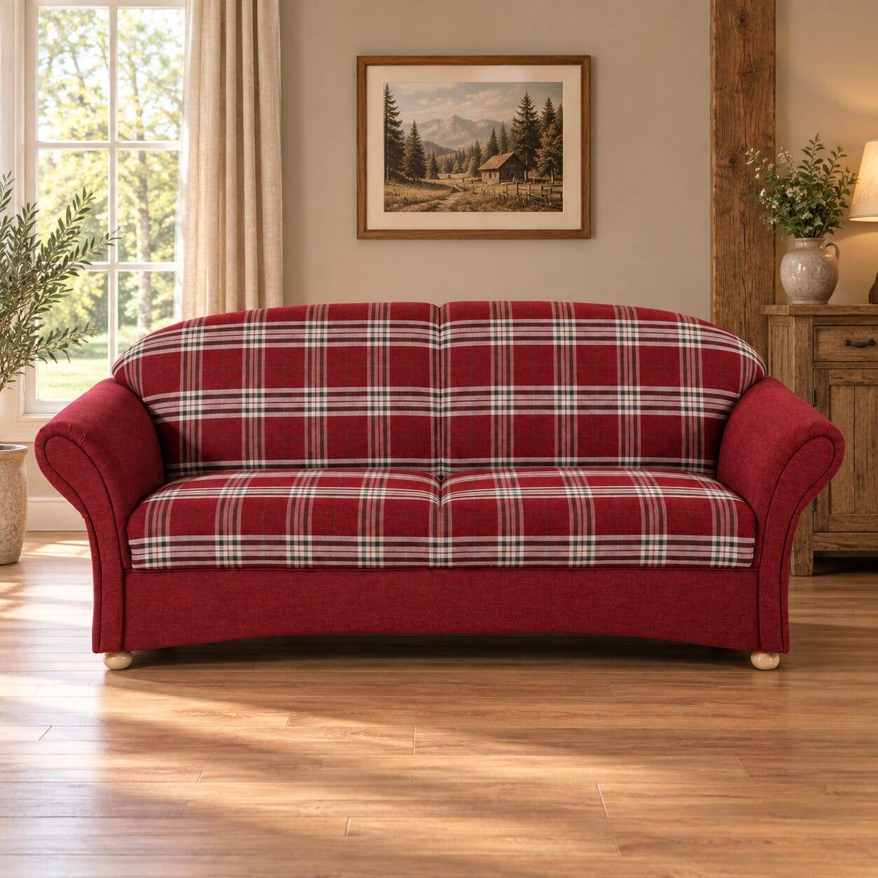 Landhaus Sofa in Rot mit Karomuster - Lyatea