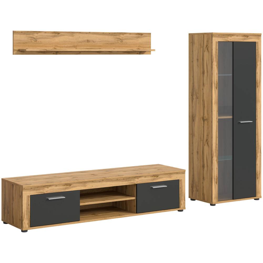 Zweifarbige Wohnzimmer Anbauwand mit TV-Möbel, Hängeregal und Vitrine in Eiche und Grau – Josie