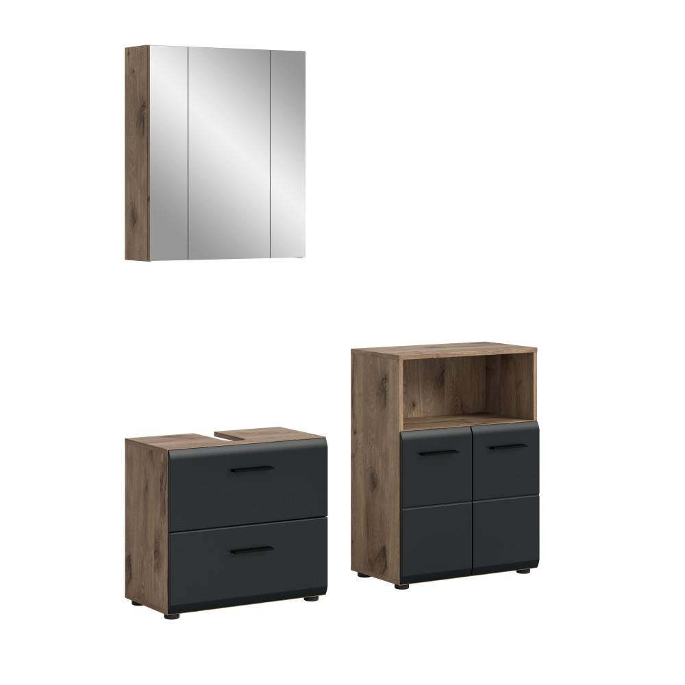 Modernes Badmöbel Set mit Spiegelschrank, Waschtischunterschrank und Seitenschrank in Anthrazit – Karina