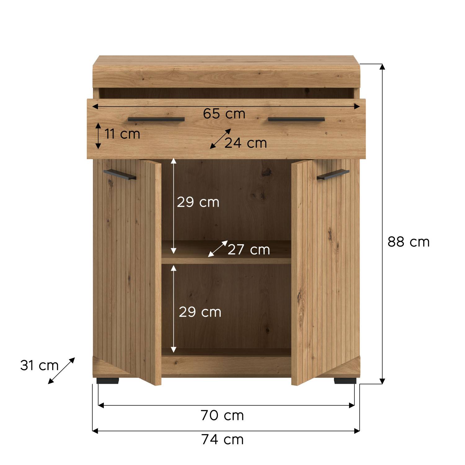 Wohnzimmerschrank Lasewood mit vertikaler Lattenstruktur, detaillierte Maße und Abmessungen – Lasewood