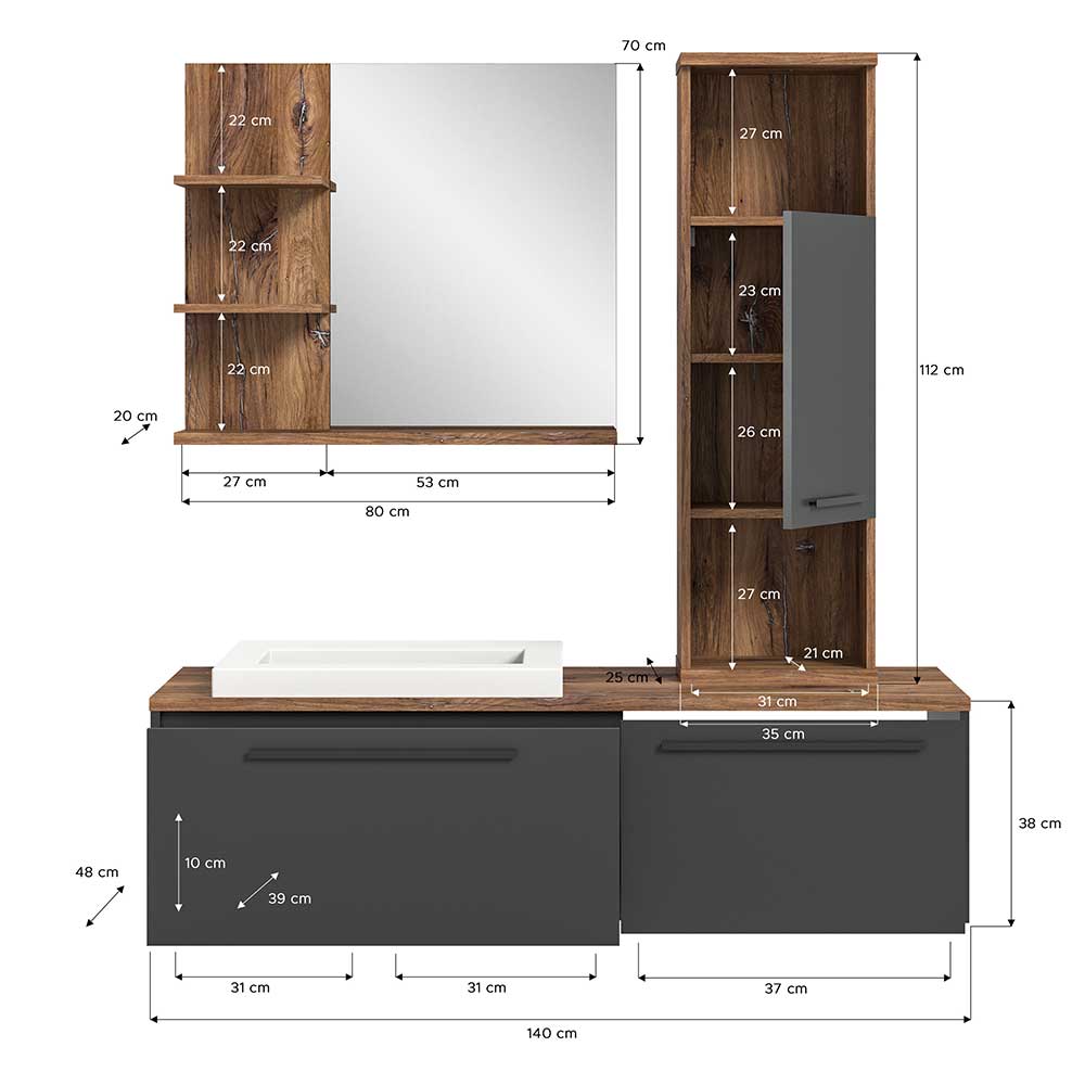Kompaktes Badmöbel Set modern - Jutta (dreiteilig)