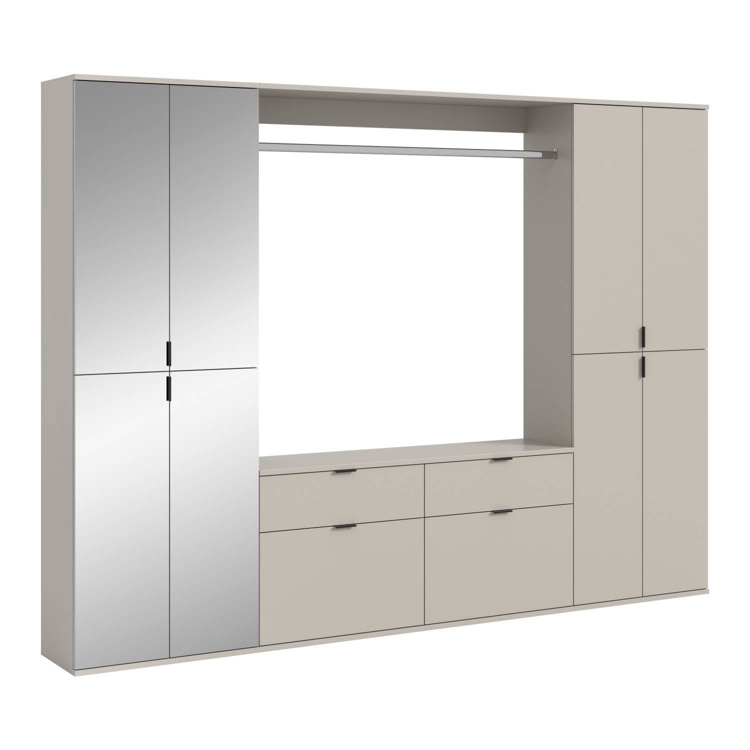 Modernes Flurmöbelset mit offener Garderobe, Spiegeltür und Schubladen in Beige – Meho