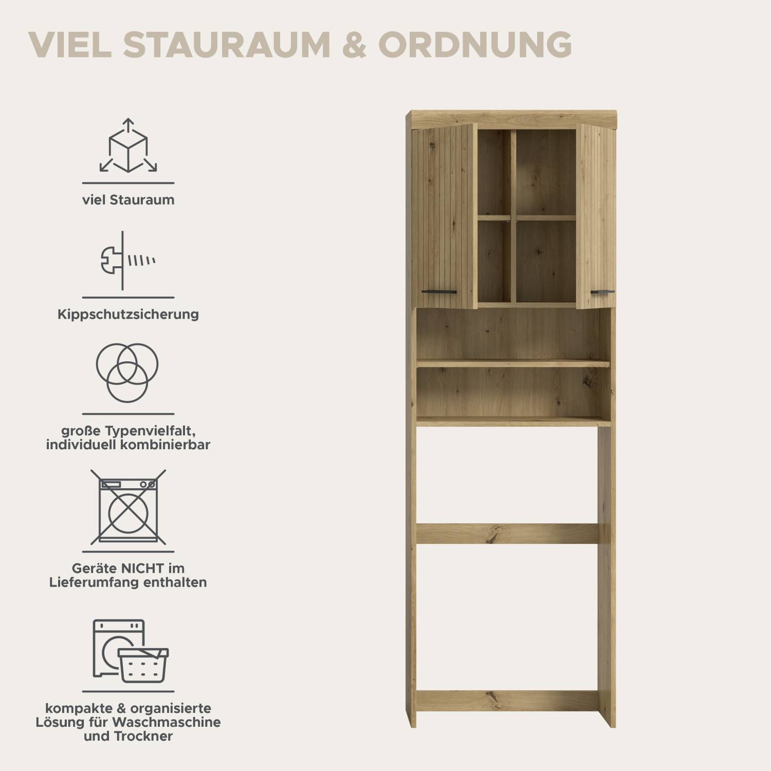 Bad Hochschrank mit Stauraum und Vorteilen für Waschmaschine und Trockner – Lasewood