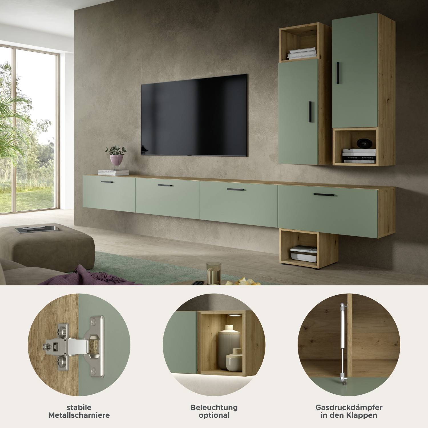 Wandhängende Mediawand in Artisan Oak Rauchgrün mit TV und Hängeschränken im modernen Wohnzimmer – Jonni