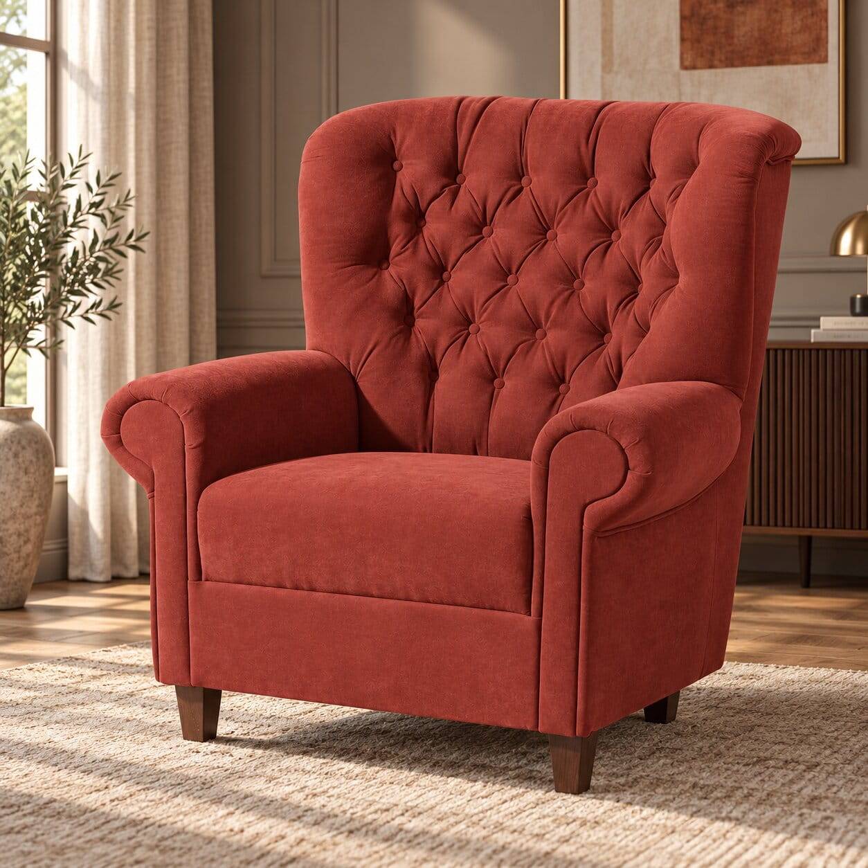 Velours Sessel in Terracotta und Nussbaum im Chesterfield Look