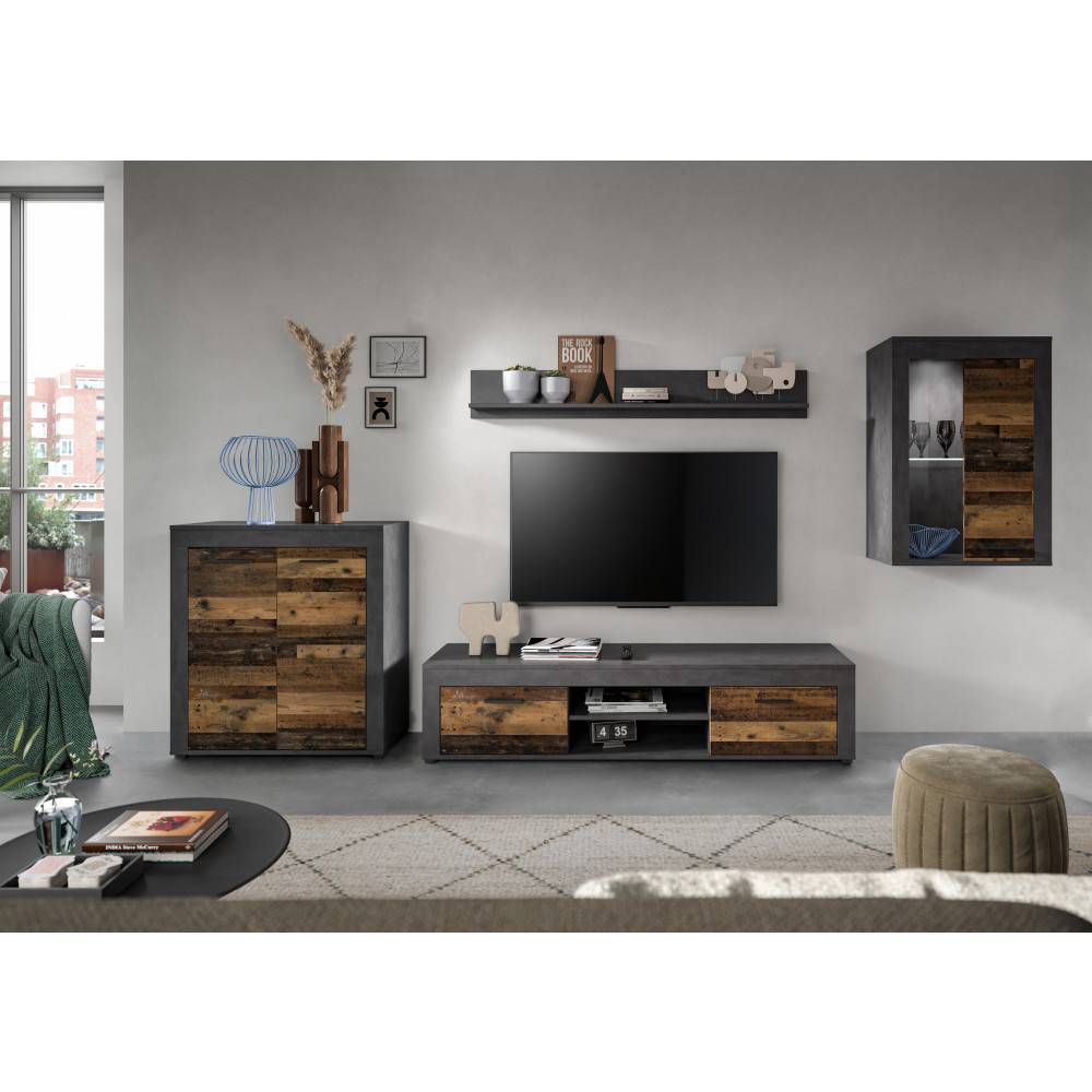 Wohnzimmereinrichtung mit vierteiliger Anbauwand in dunkler Betonoptik und warmer Holzmaserung – Istrewy