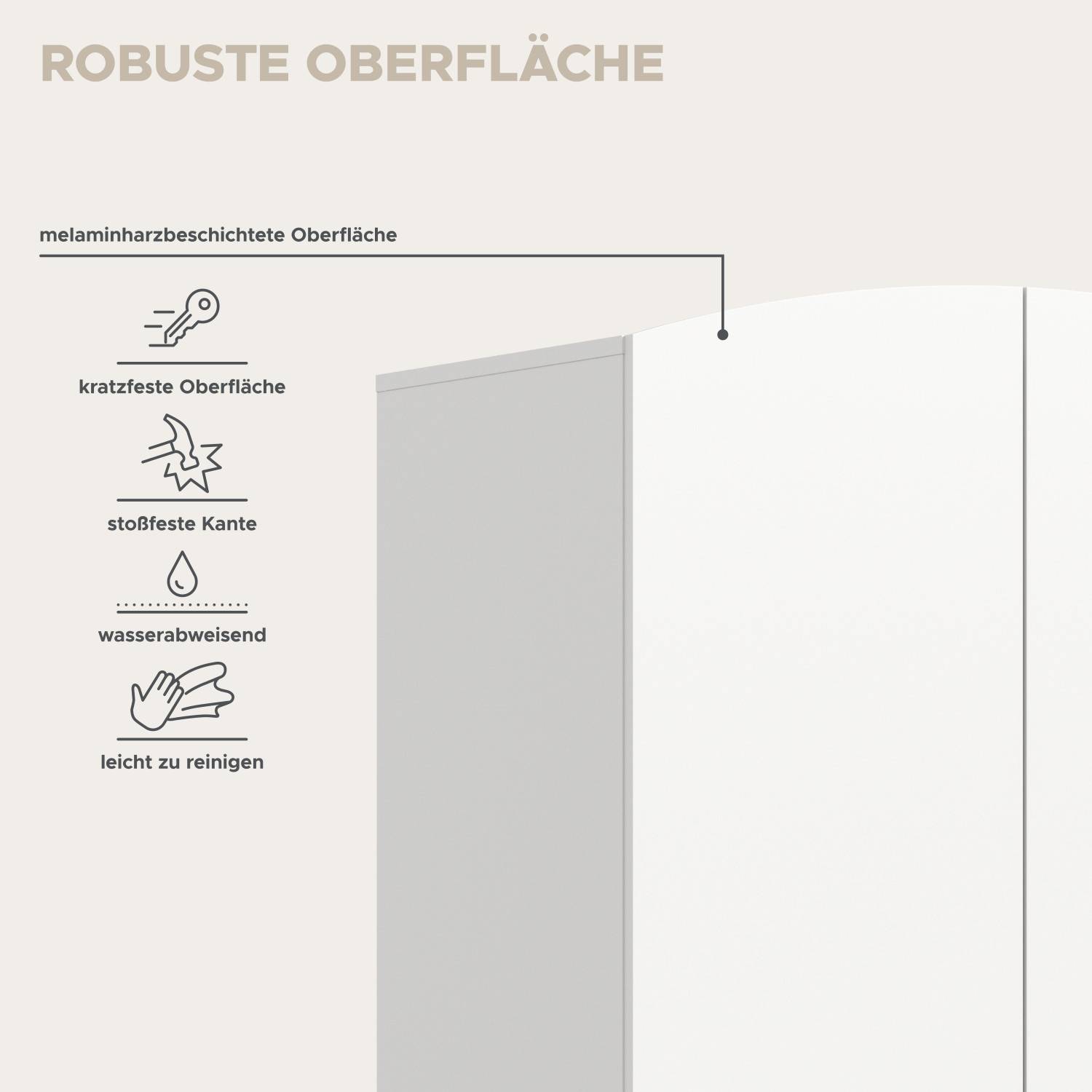 Drehtürenschrank Infografik robuste Oberfläche mit Melaminharzbeschichtung, kratzfest und wasserabweisend – Lefona