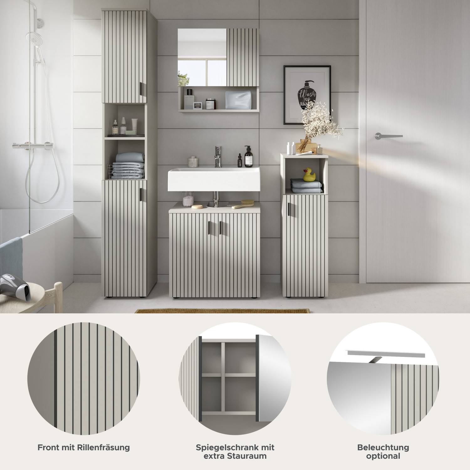 Design des Badezimmerschrank-Sets mit Rillenfräsung, Spiegelschrank und optionaler Beleuchtung – Loktos