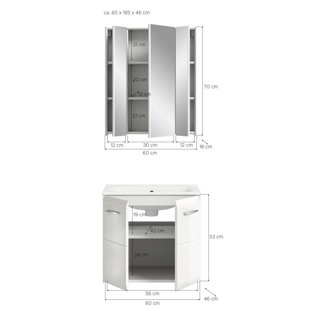 Maße und Abmessungen des weißen Badmöbel Sets, Spiegelschrank und Waschtischunterschrank – Clona