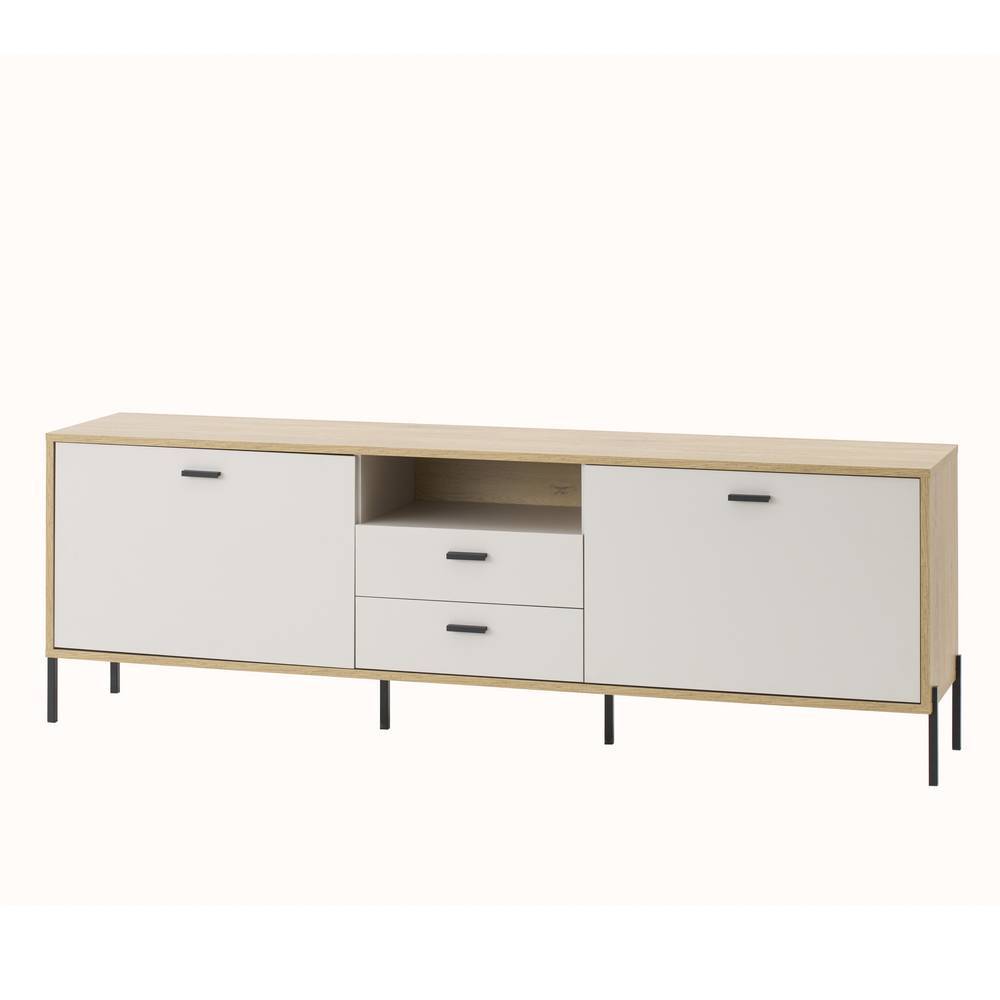 Modernes beiges TV Lowboard mit heller Holzplatte und schwarzem Metallgestell – Dasanti