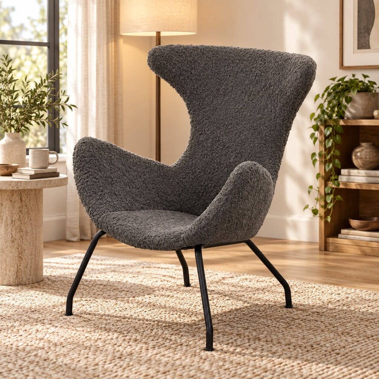 Stylischer Sessel mit grauem Plüsch bezogen & schwarzen Metallbeinen