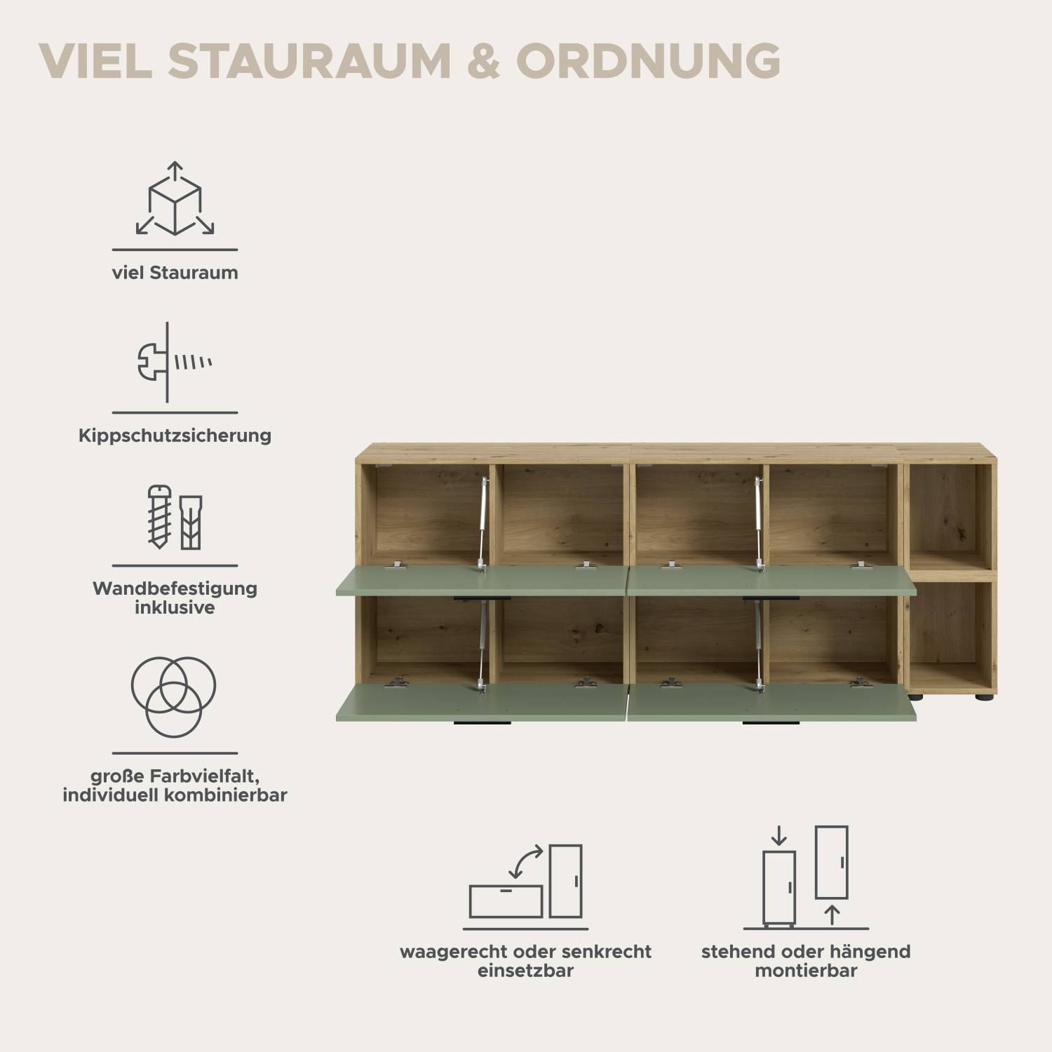 Modulare Anbauwand mit grünen Fronten, Stauraum, Kippschutz und flexibler Montage – Jonni