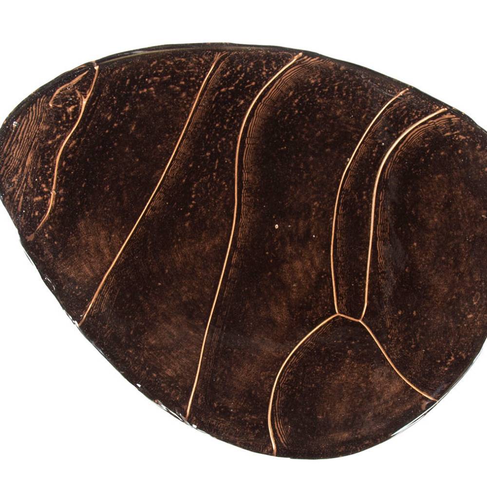Dunkelbraune ovale Glastischplatte mit feinen kupferfarbenen Adern und glänzender Oberfläche – Mysore