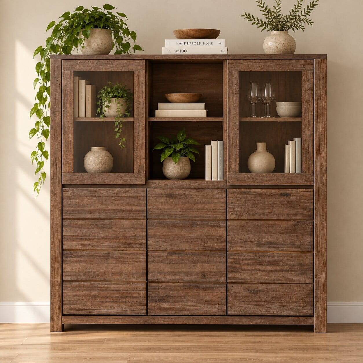 Highboard aus Akazie Massivholz und Glas - Ruffes