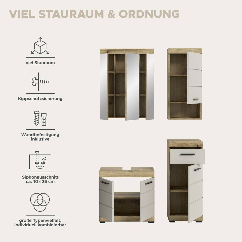 Badmöbel mit viel Stauraum, Kippschutz, Wandbefestigung und Siphonausschnitt, individuell kombinierbar – Casserra