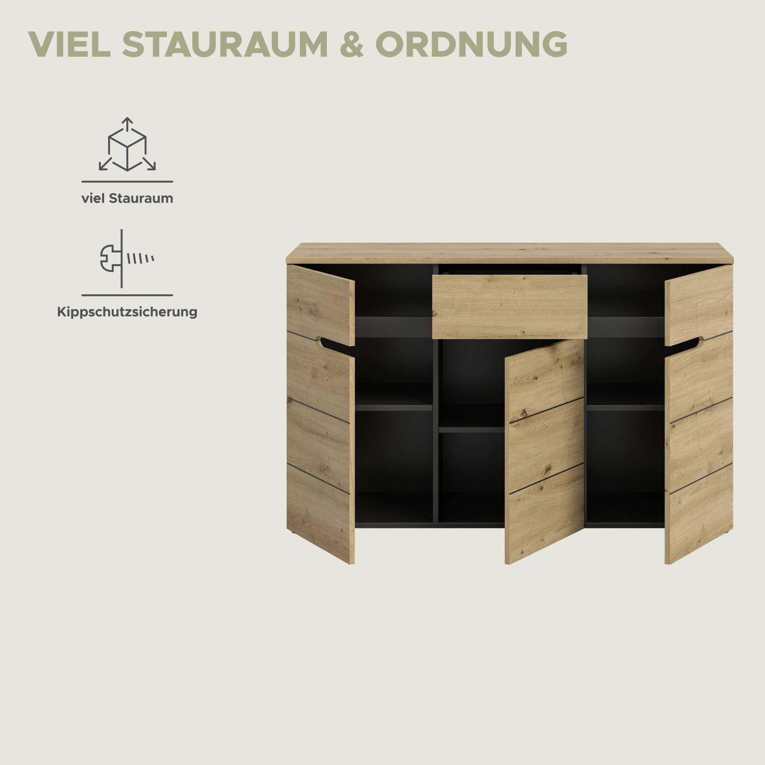 Sideboard mit viel Stauraum, Ordnung und Kippschutzsicherung, offene Ansicht der Fächer – Irysma