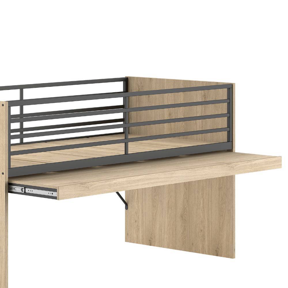 Hochbett mit ausziehbarer Tischplatte in Holzoptik und dunklem Metall für Kinderzimmer – Choice