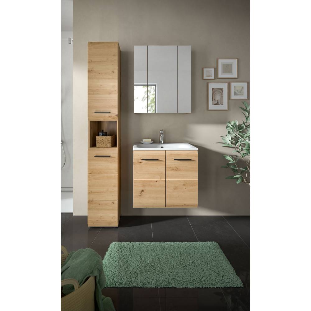 Modernes dreiteiliges Badmöbelset mit Unterschrank, Spiegel und hohem Schrank in hellem Holz – Canopus