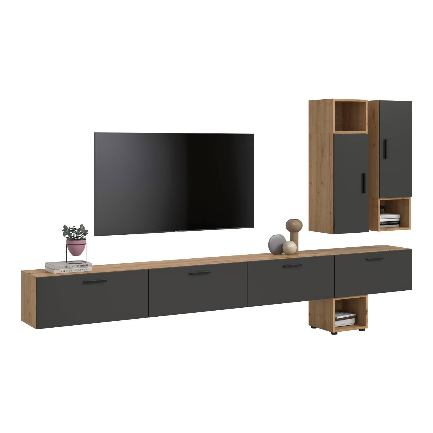 Moderne Fernsehwand mit langem Lowboard und Hochschränken in Dunkelgrau und Holzoptik – Estoron