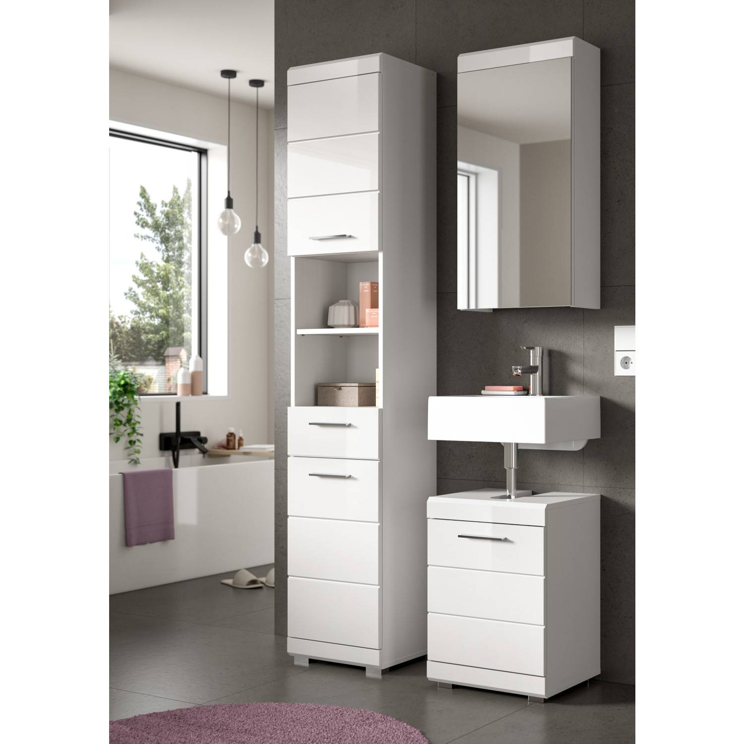 Modernes weißes Badezimmermöbel Set mit Hochschrank, Spiegelschrank und Waschtischunterschrank – Nanila