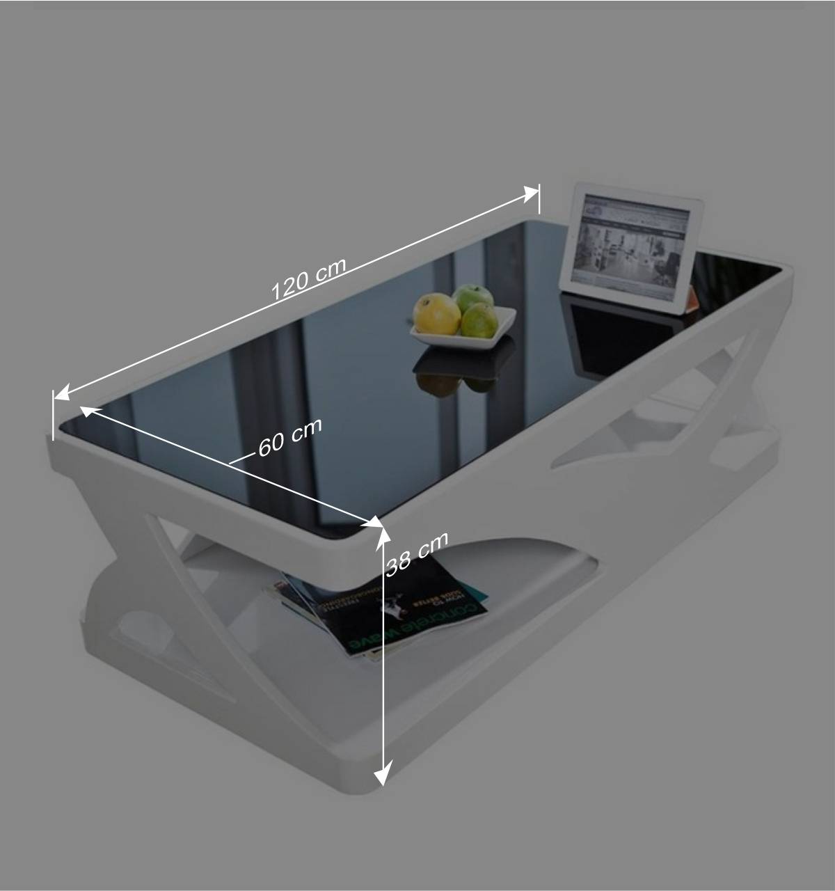 120x60 Design Wohnzimmertisch mit Schwarzglas - Volmario