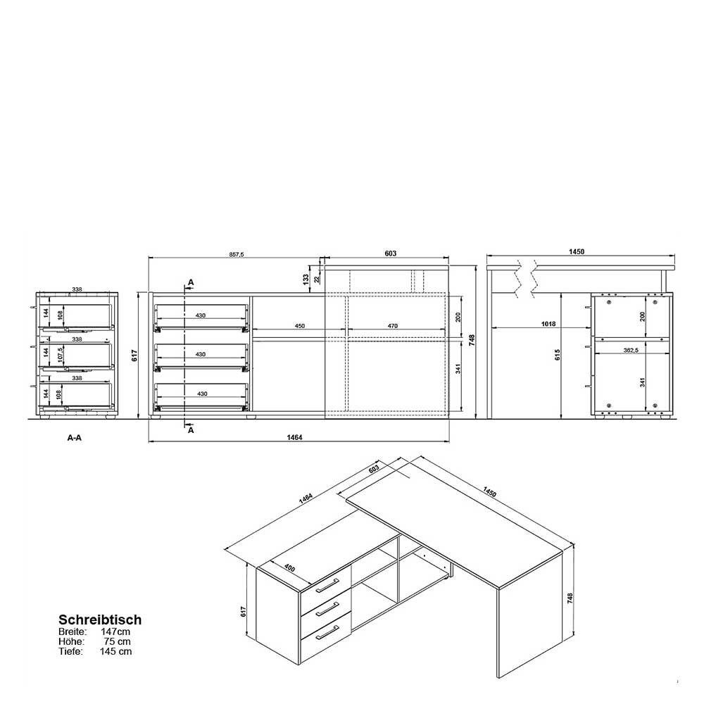 Schreibtisch mit Seitenregal 4 Fächer & 3 Schubladen - Secrema