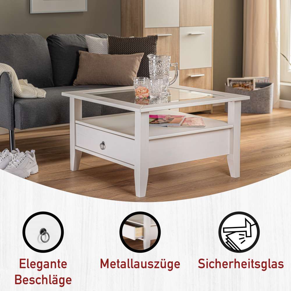 Quadrat 75x75 Landhaus Sofatisch mit Glas - Rosanna