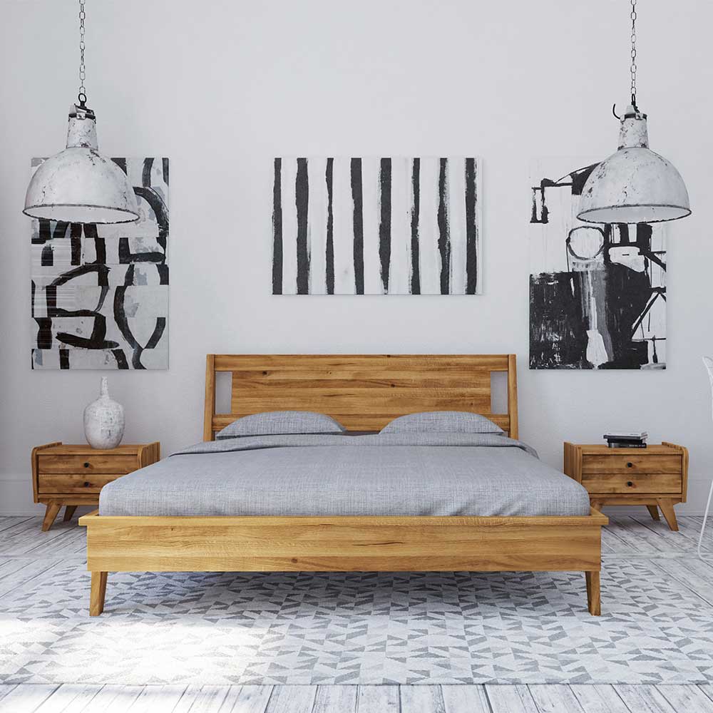 Wildeiche Holz Bett mit Überlänge 220 cm - Hardus (dreiteilig)