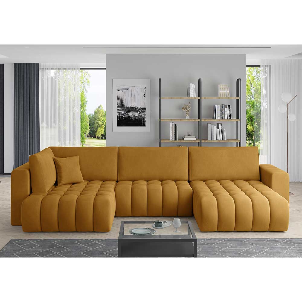 U-Sofa mit Bettfunktion in Senfgelb Velours - Jonela